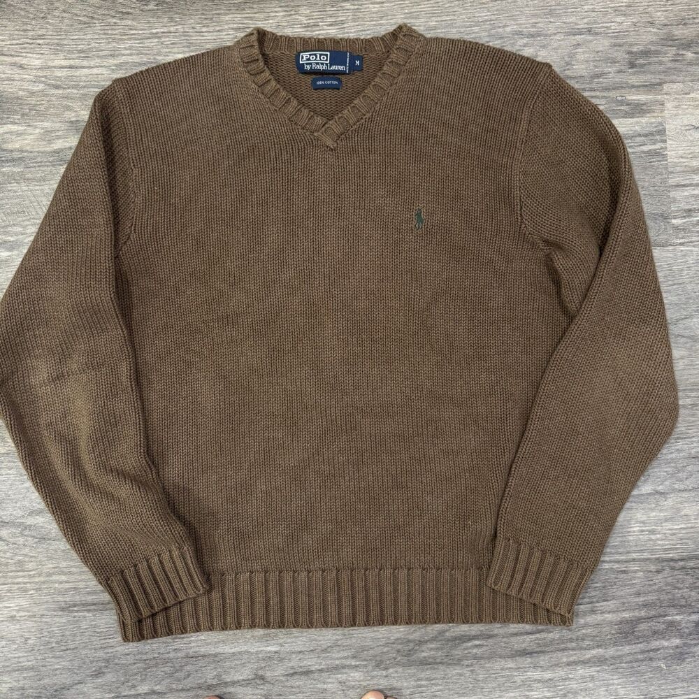 Polo Ralph Lauren Sweater Mens Medium Brown V Neck Cotton Pony Logo